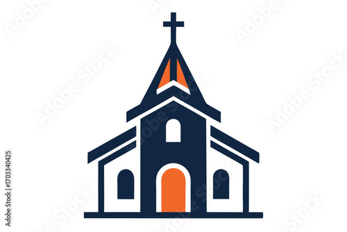 Minimalist navy and orange church silhouette presents a simple, elegant faith symbol against white