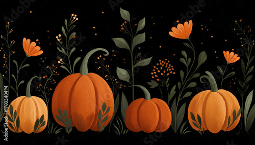 Artistic illustration of pumpkins and autumn flowers on black background perfect for fall decorations thanksgiving invitations and seasonal graphic designs