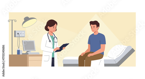 A female doctor in a white coat reviews a patient's chart while the male patient sits on an examination table in a medical office.