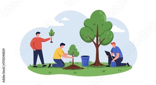 Three men are planting trees in a park, one holding a sapling, one planting, and one using a tablet.