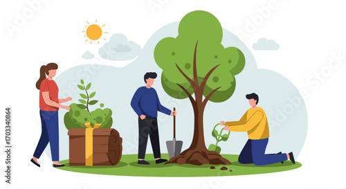 People planting a tree in a garden, symbolizing environmental care and community.