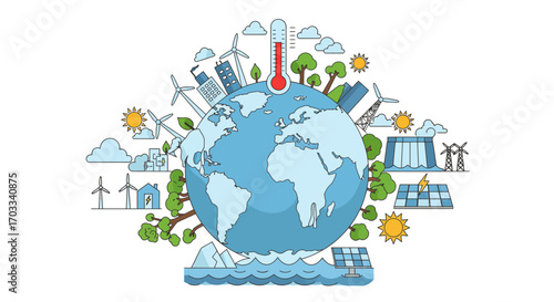 Global warming effects illustrated with Earth, rising temperature, renewable and non-renewable energy sources.