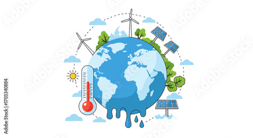 Melting globe with renewable energy sources illustrating climate change impact.