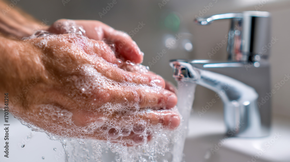 Fototapeta premium Close-up of hands thoroughly washing with soap under running water from a modern bathroom sink faucet promoting hygiene and cleanliness practices