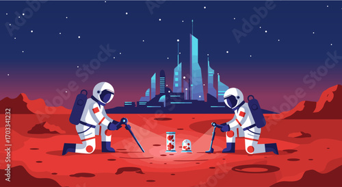 Two astronauts on Mars examine artifacts with flashlights, with a futuristic city skyline visible in the background under a starry sky.