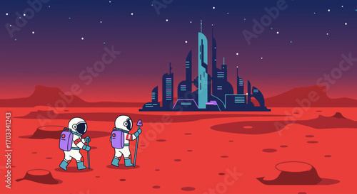 Two astronauts walk on a red planet towards a futuristic city skyline under a starry, gradient sky.