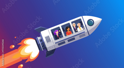 Diverse group of people in a rocket ship, symbolizing career advancement and growth.