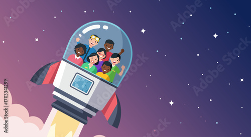 Diverse group of joyful people soaring through space in a rocket.