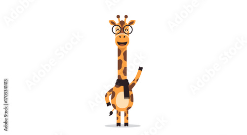 Cartoon giraffe wearing glasses and a scarf, standing and gesturing.