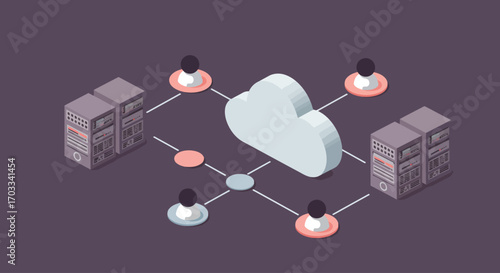 Cloud computing network connecting multiple users and servers.