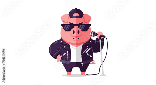 A cool pig wearing sunglasses and a leather jacket, singing into a microphone.