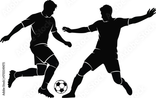 Silhouette of two soccer players in action, one player is dribbling ball while other defends