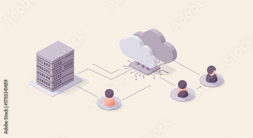 Isometric illustration depicting cloud computing, data storage, and user connections.