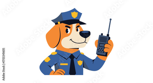Cartoon dog police officer holding a walkie-talkie, ready for duty.