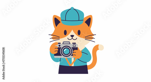 A cartoon cat, wearing a cap, holding a silver camera, ready to take a picture.