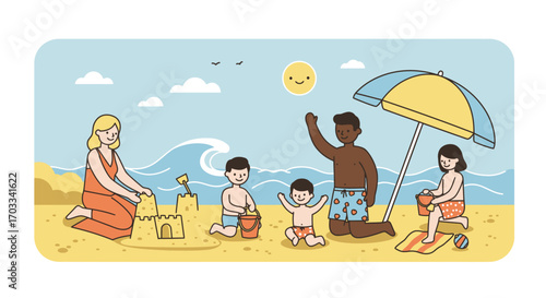 Diverse family enjoying a sunny beach day, building sandcastles and playing.
