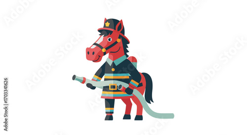 Cartoon horse dressed as a firefighter, holding a fire hose.