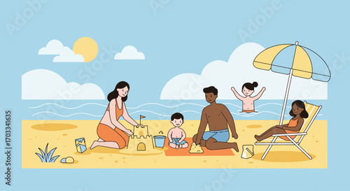 Happy family enjoying a sunny beach day, building sandcastles, swimming, and relaxing under an umbrella.