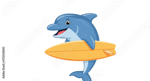 A cheerful cartoon dolphin smiling while holding a yellow surfboard, ready for surfing.