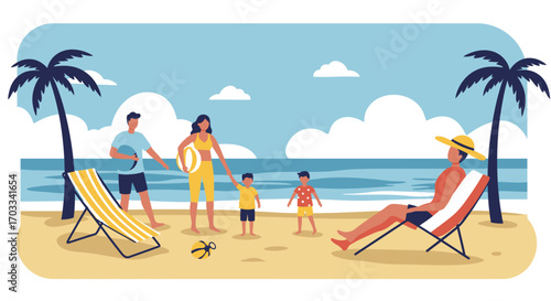 Family enjoying a sunny day at the beach, playing and relaxing near the ocean.