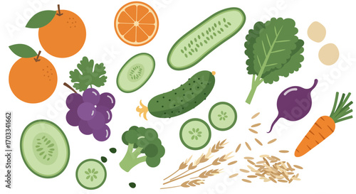 An overhead view of a colorful assortment of fresh fruits, vegetables, and grains arranged on a white background.