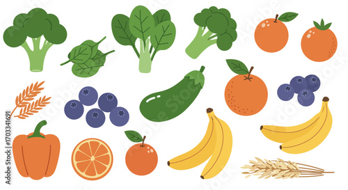 A collection of colorful fruits, vegetables, and grains arranged in a flat lay style, including broccoli, spinach, blueberries, bananas, and wheat.