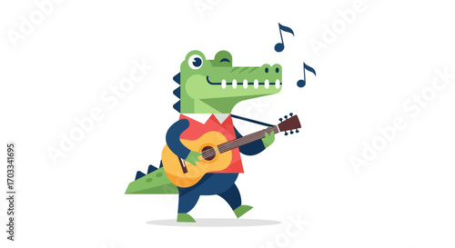 Cartoon alligator playing a guitar, wearing a red vest and blue pants, with musical notes floating above.