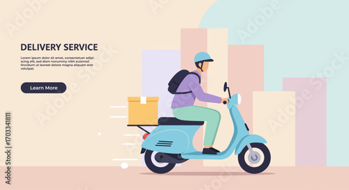 A delivery person riding a scooter with a package, against a cityscape background.