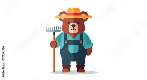 Cartoon bear farmer holding a rake, wearing overalls and a straw hat, flat design style.