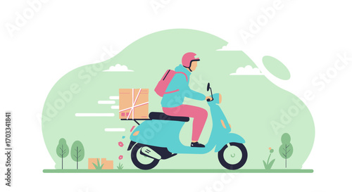 A delivery person wearing a helmet and backpack rides a scooter with a package on the back, set against a stylized green and white background.