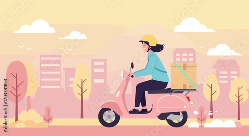 Woman wearing a helmet riding a pink scooter delivering boxes in a city with trees and buildings.