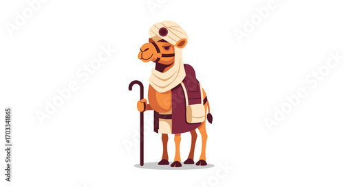 Cartoon camel stands wearing a turban, scarf, and holding a cane, isolated on a white background.