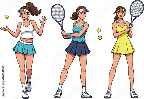 Animated female tennis players, racket action, sports poses, athletic outfits, tennis balls, serve stance, backhand motion, dynamic illustration