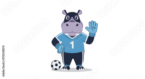 Cartoon hippopotamus goalkeeper in sports uniform, holding a soccer ball, making a gesture.