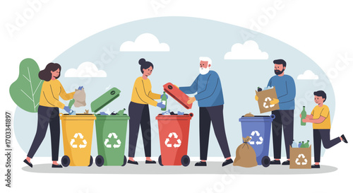 Family sorting recyclables into different bins for environmental sustainability.