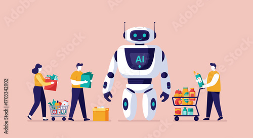 Illustration depicts a large robot with people shopping and carrying groceries, AI concept.