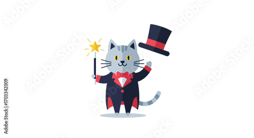 A charming grey cat, dressed as a magician, waves while holding a magic wand.