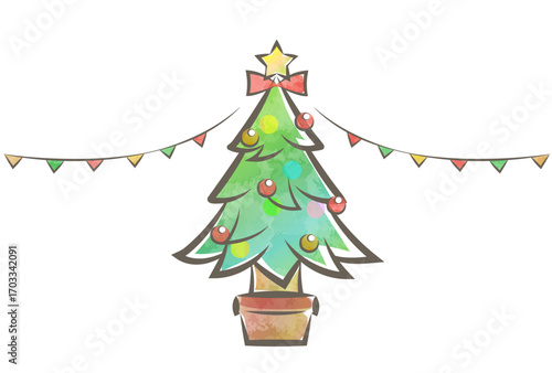 素朴なクリスマスツリーの鉢植え、丸い飾りとリボン、太く強弱のある線とざっくりとした水彩風の塗りのイラスト