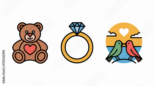Cute love elements icons for Valentine's Day including teddy bear and ring