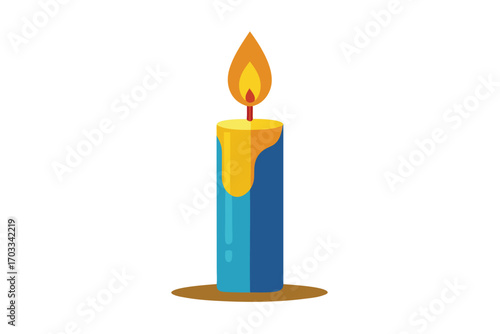 Single cartoon candle is burning with a bright flame against a white background