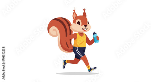 A cheerful cartoon squirrel enjoys a refreshing run, carrying a water bottle.