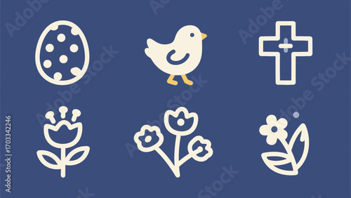 Easter icons with egg, chick, cross and flowers on blue background design