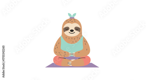 Cartoon sloth meditating in a lotus position on a purple mat, wearing a blue tank top and pink pants.