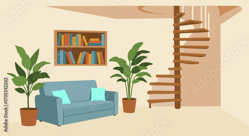 Cozy living room interior with bookshelves, plants, and a spiral staircase.
