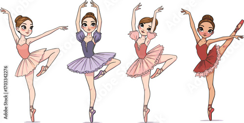 Cartoon ballerinas dancing, ballet poses, colorful tutus, elegance, performance, stage, movement, grace, art, animation, girls, costume, classical, dance, flexibility, expression, character design
