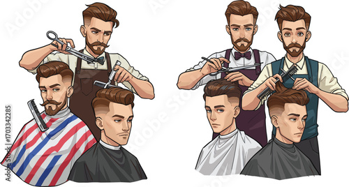 Cartoon barber, haircut scene, fade hairstyle, scissors, clipper, comb, barbershop, client, grooming, styling, professional, cape, beard, expression, character, illustration, emotion, service