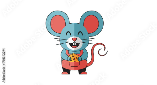 A cheerful cartoon mouse happily holds a wedge of cheese.