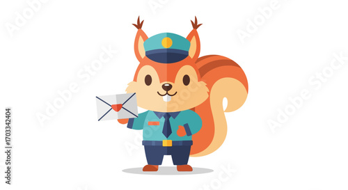 A cute cartoon squirrel, dressed as a postal worker, proudly holds a letter.