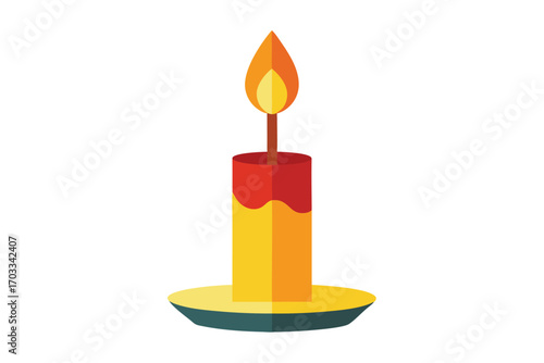 Burning candle in a candlestick displays soft warm light on a white background