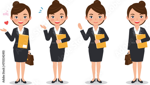 Cartoon businesswoman, professional attire, office character, folder, handbag, smiling pose, greeting, confident, career, animation, emotion, expression, corporate, illustration, workplace, leadership